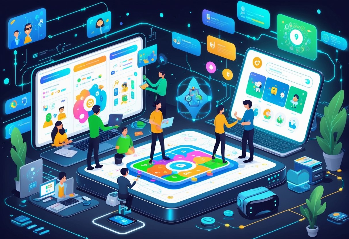 A group of professionals working together around a digital table with interactive game and AI elements, surrounded by holographic screens showing educational game scenes.