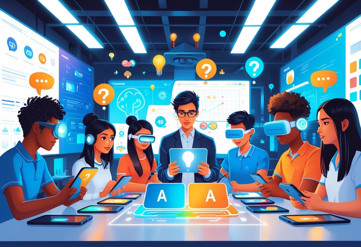 A group of students and a teacher in a high-tech classroom engaging with digital learning games and interactive holographic displays.