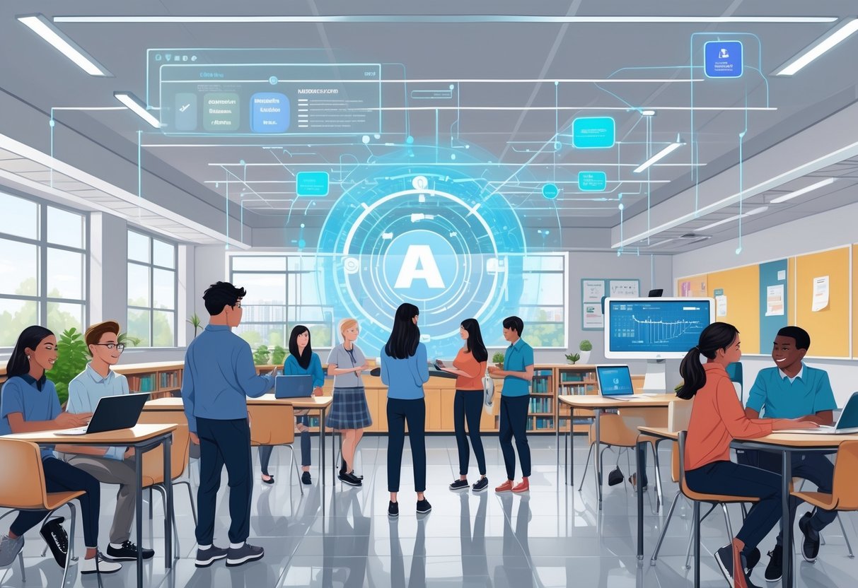 AI Student Support Systems: Essential Features, Benefits, and Best Practices AI Student support LearningMole A school setting where students and teachers use digital devices with holographic AI interfaces showing data and support features integrated throughout the environment.