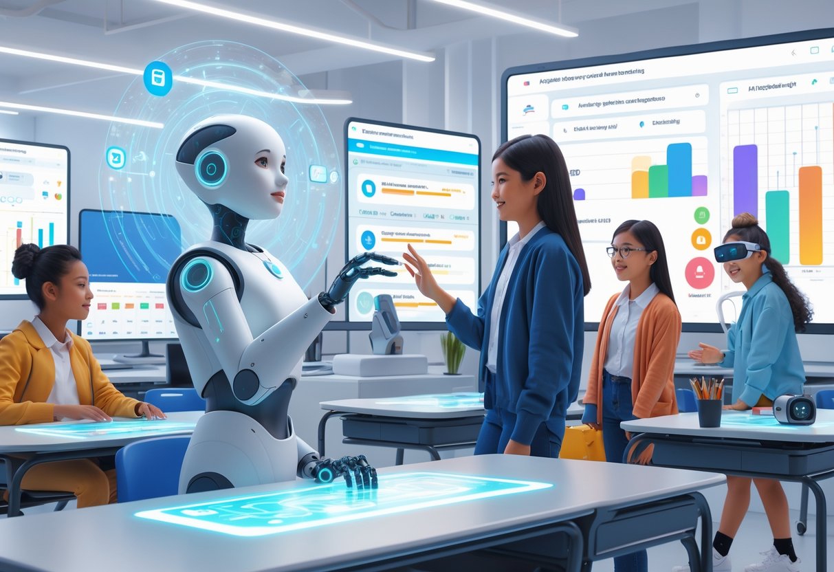 AI Student Support Systems: Essential Features, Benefits, and Best Practices AI Student support LearningMole A modern classroom with students interacting with holographic displays and an AI assistant robot helping a student, surrounded by digital dashboards and advanced learning technology.