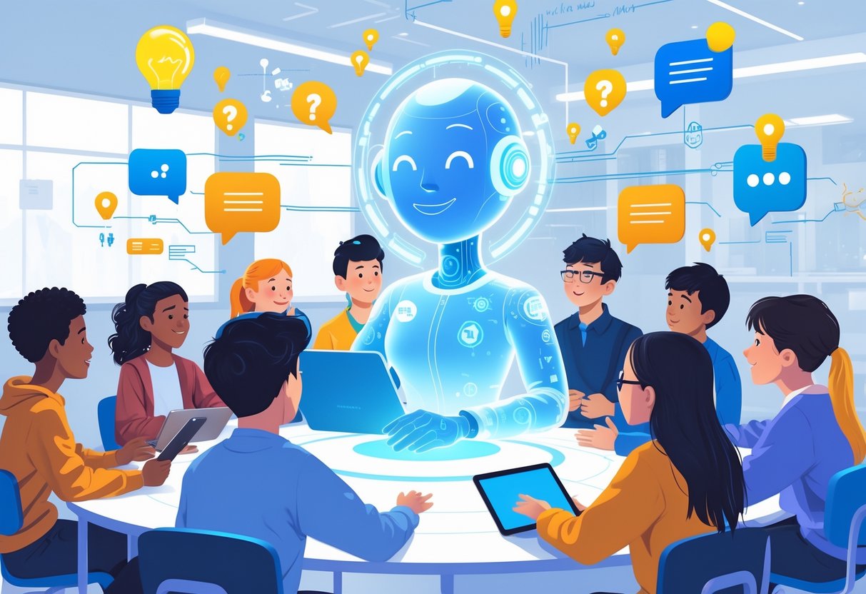 AI Student Support Systems: Essential Features, Benefits, and Best Practices AI Student support LearningMole Students interacting with a glowing AI assistant in a modern classroom, surrounded by floating icons representing questions and learning.