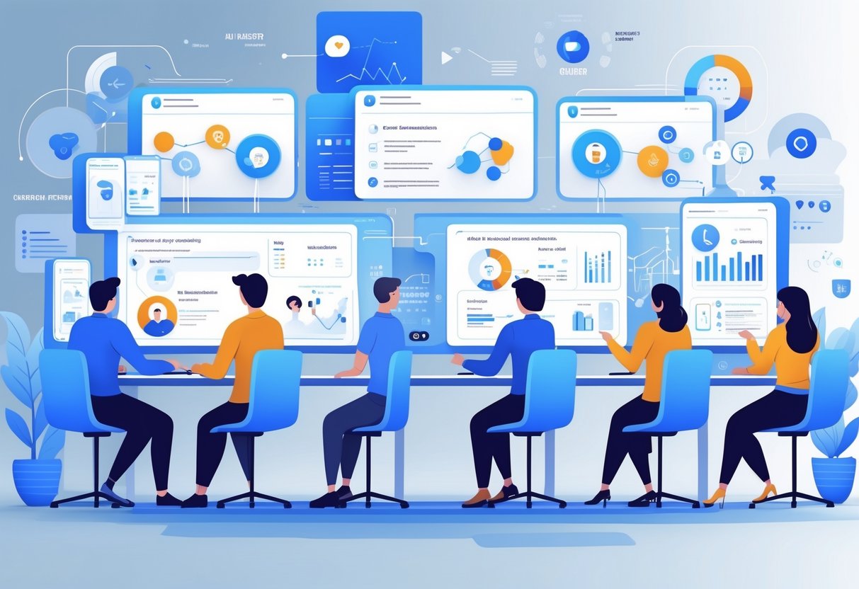 AI Career Guidance Tools: Best Solutions for Job Success LearningMole A group of people interacting with futuristic digital screens showing various AI tools for career planning in a modern workspace.