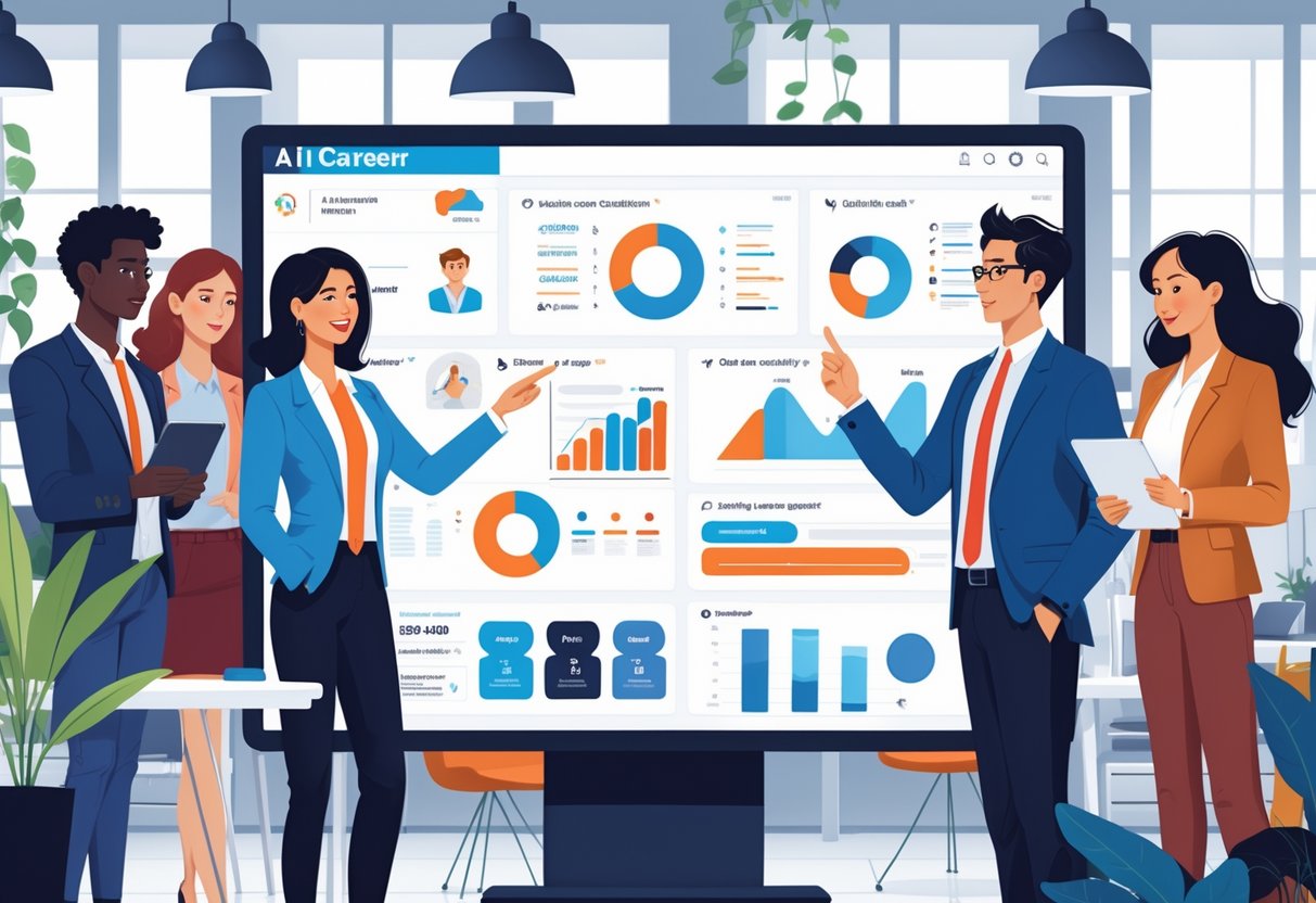 AI Career Guidance Tools: Best Solutions for Job Success LearningMole A group of professionals in an office discussing and reviewing AI career guidance tools displayed on a large touchscreen, with laptops and tablets in use.