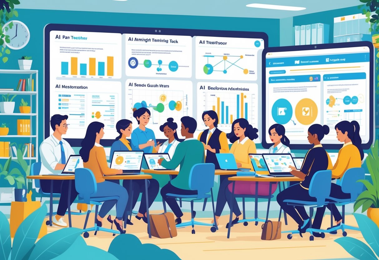 AI Teacher Training Tools: Essential Guide for UK Educators LearningMole A group of teachers working together in a classroom using digital devices and a large screen showing AI-related educational data.