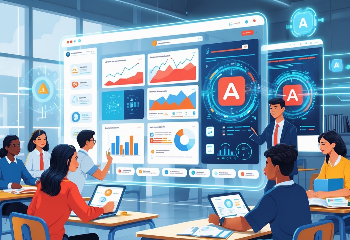 AI Early Warning Systems Education: Impact, Methods, and Future Trends AI Early warning LearningMole A classroom with students and a teacher using advanced digital screens and AI devices showing data and warning signals about education systems.
