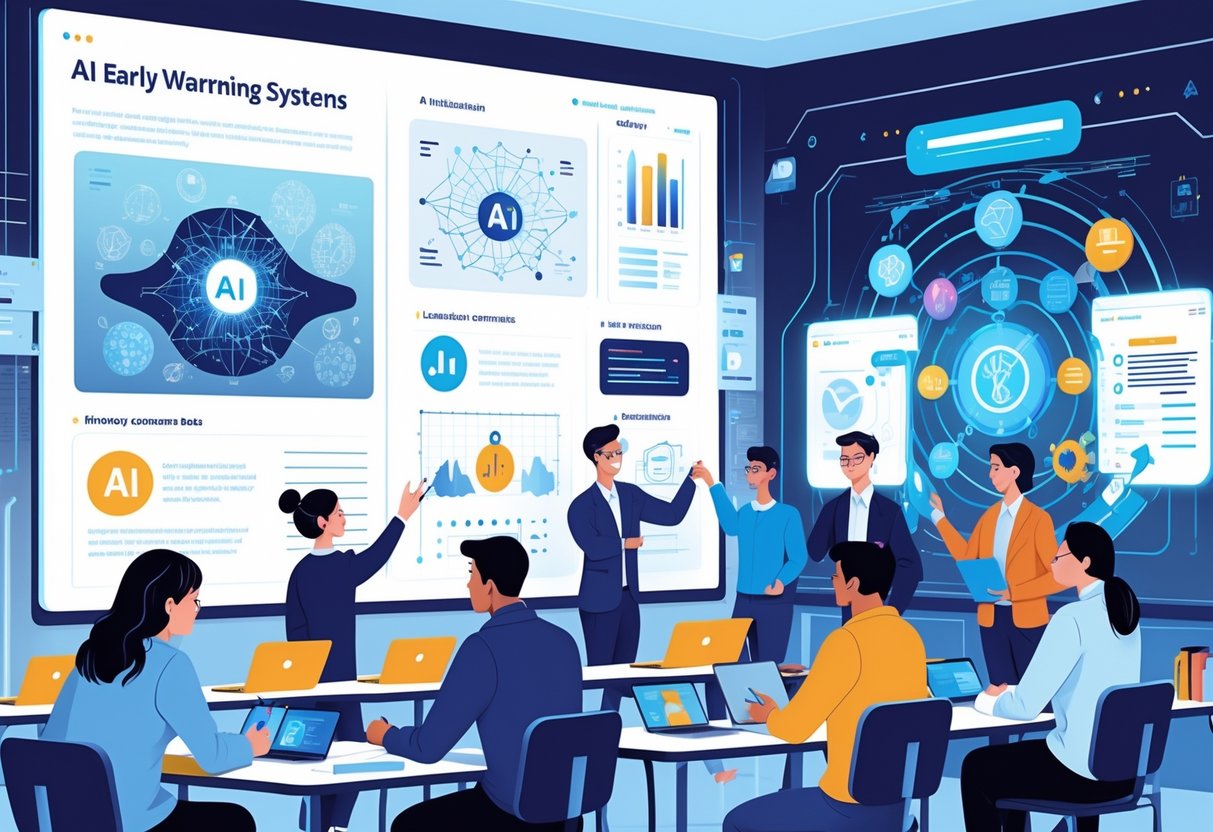 AI Early Warning Systems Education: Impact, Methods, and Future Trends AI Early warning LearningMole A classroom with students and teachers learning about AI early warning systems, showing digital data visuals and technology tools.