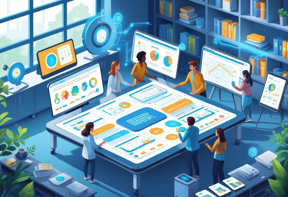 A group of teachers working together around a digital table with interactive lesson plans and AI teaching tools in a bright classroom.