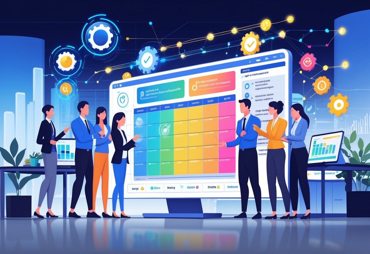 AI Timetabling Software: The Smart Solution for Scheduling LearningMole A group of professionals working together around a digital touchscreen displaying a colourful timetable with icons representing automation and efficiency in a modern office.