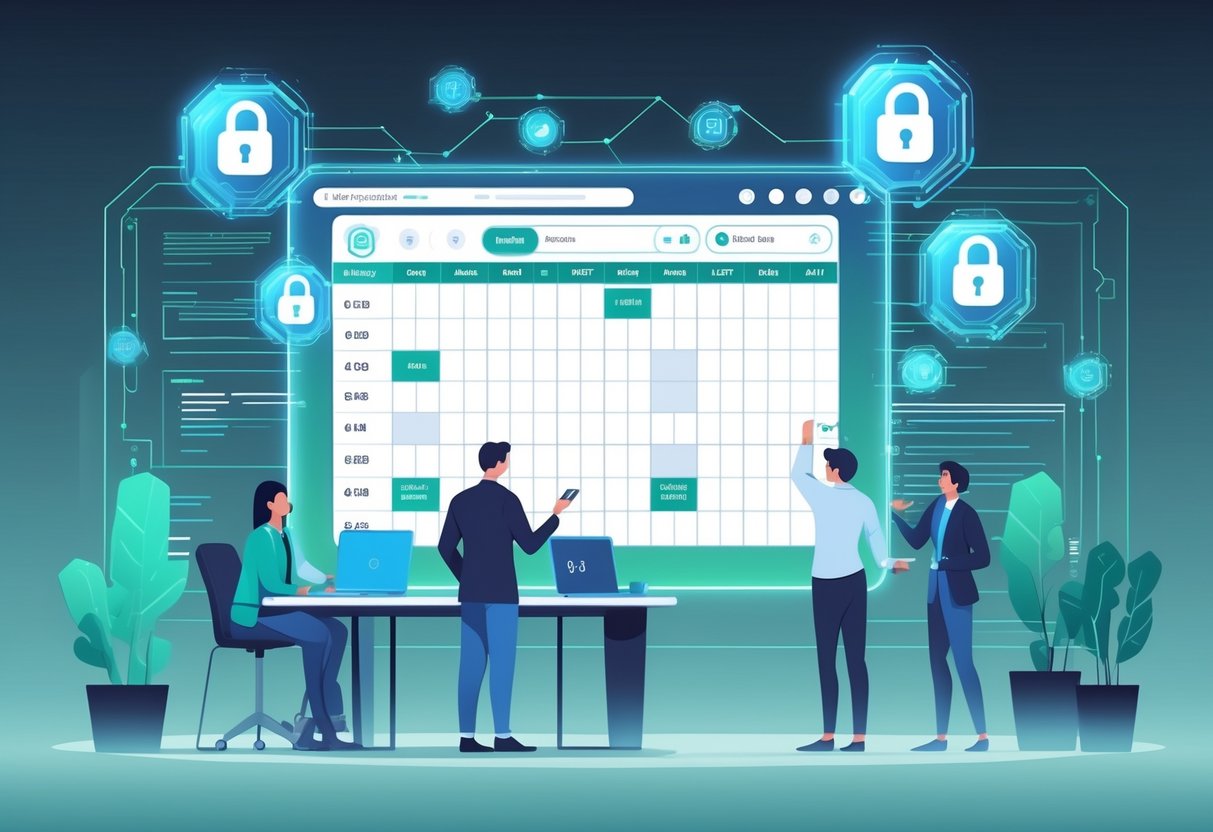 AI Timetabling Software: The Smart Solution for Scheduling LearningMole A group of professionals working with a digital timetable interface surrounded by symbols of data security and privacy.