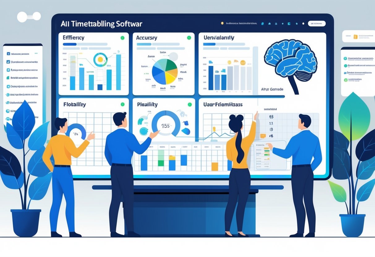 AI Timetabling Software: The Smart Solution for Scheduling LearningMole A group of professionals in an office analysing charts and a flowchart on a digital table, with a screen showing an AI brain connected to a calendar grid.