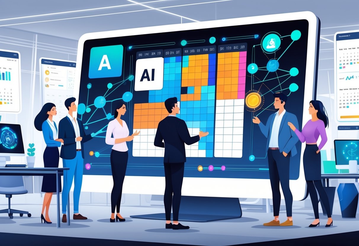 AI Timetabling Software: The Smart Solution for Scheduling LearningMole A group of people collaborating around a large digital screen showing colourful charts and calendar grids in a modern office setting.