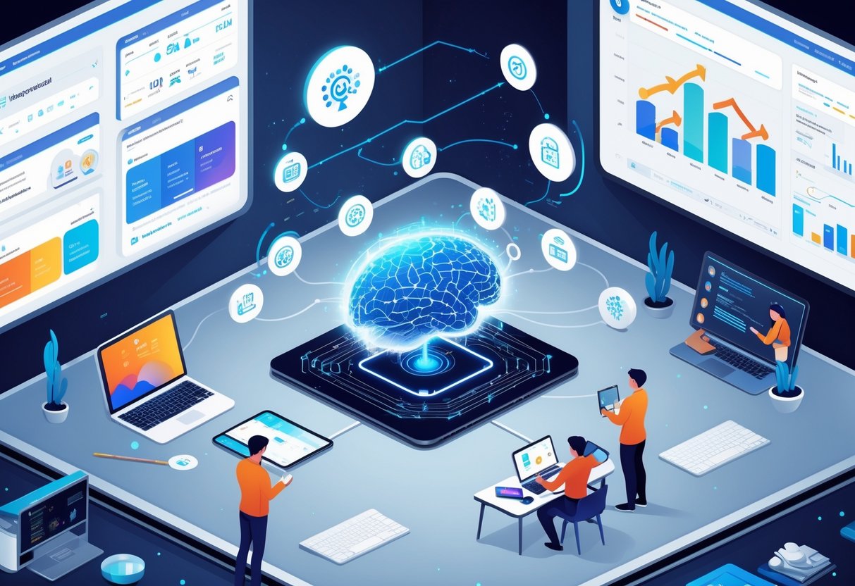 AI School Administration Tools: The Ultimate Guide for Leaders AI School administration LearningMole A digital classroom and school office connected by a glowing AI hub linking devices and educational tools, showing teachers and students using smart technology.