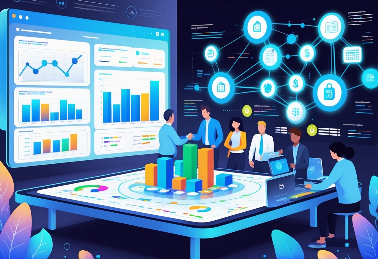AI Budget Planning Education: Optimising Finance in Learning LearningMole A team of professionals working together around a digital table with data charts and AI visuals related to budgeting and planning.