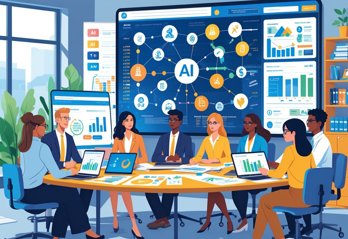 AI Budget Planning Education: Optimising Finance in Learning LearningMole A group of professionals discussing AI budget planning in an office with charts, digital devices, and a large screen showing AI and financial icons.