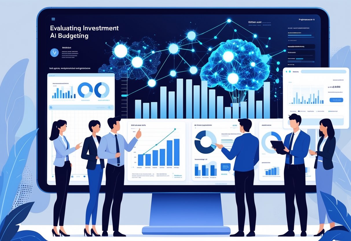 AI Budget Planning Education: Optimising Finance in Learning LearningMole A group of business professionals in an office discussing financial graphs and AI data on digital screens during a budgeting meeting.