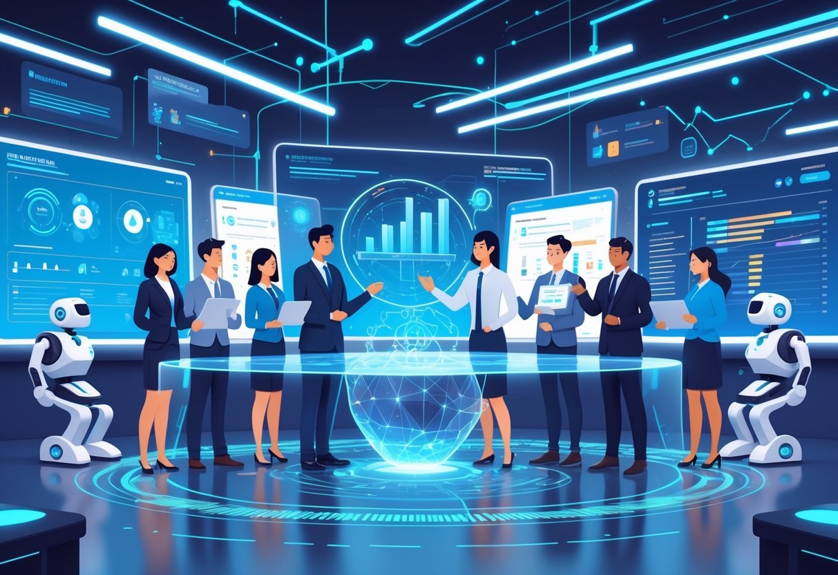AI Budget Planning Education: Optimising Finance in Learning LearningMole Educators and administrators collaborating around a digital table displaying holographic budget data and AI analytics in a modern educational setting.