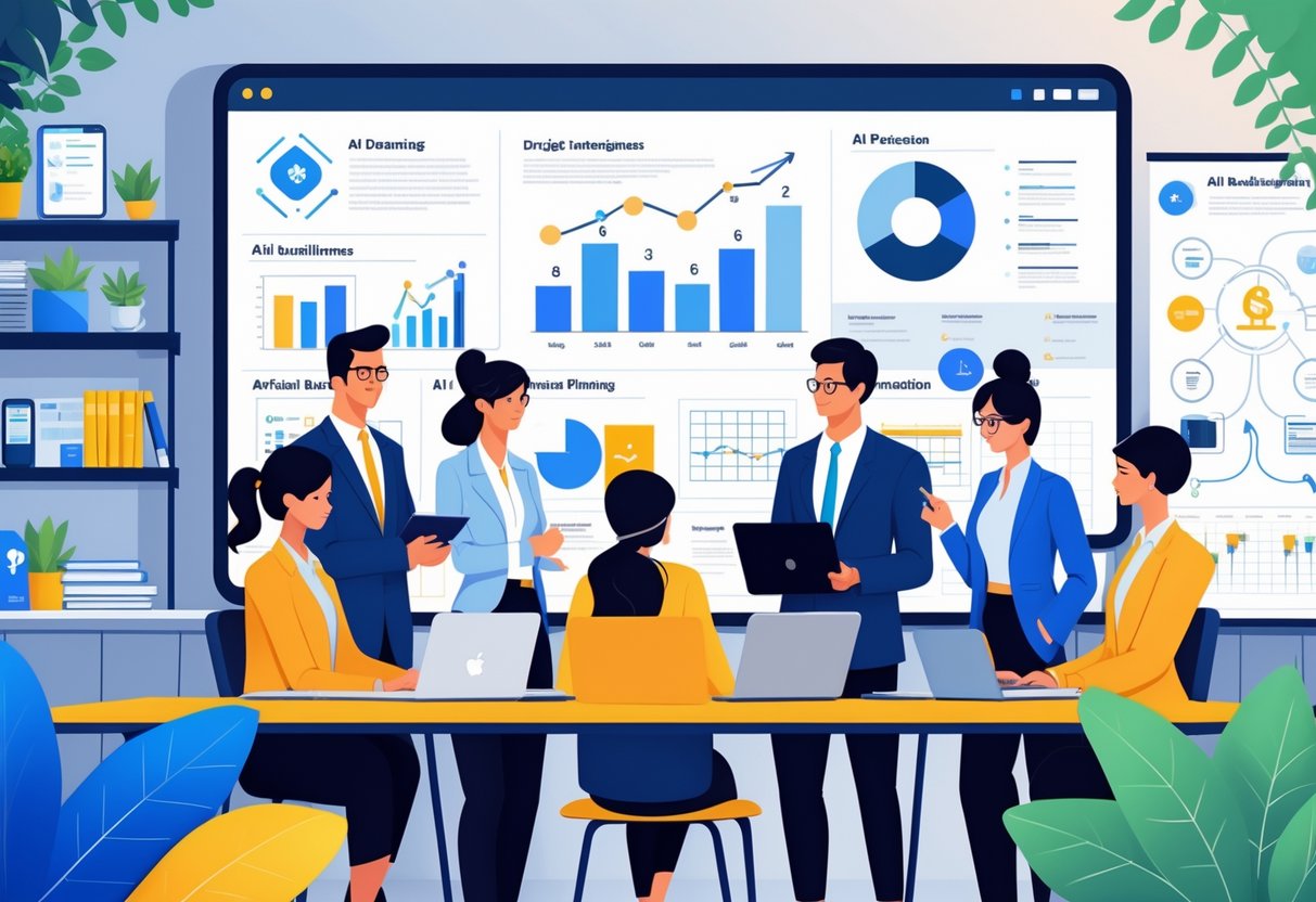 AI Budget Planning Education: Optimising Finance in Learning LearningMole A group of professionals collaborating around a table with digital charts and educational materials in a modern office setting.