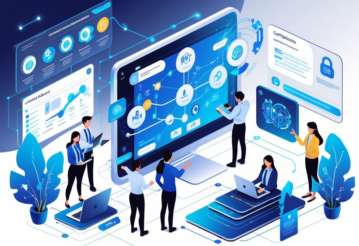 AI Cybersecurity Education: Building Skills for a Secure Digital Future Ai Cybersecurity LearningMole A group of people engaging with futuristic digital interfaces showing symbols of AI, cybersecurity, and career progression in a modern educational setting.