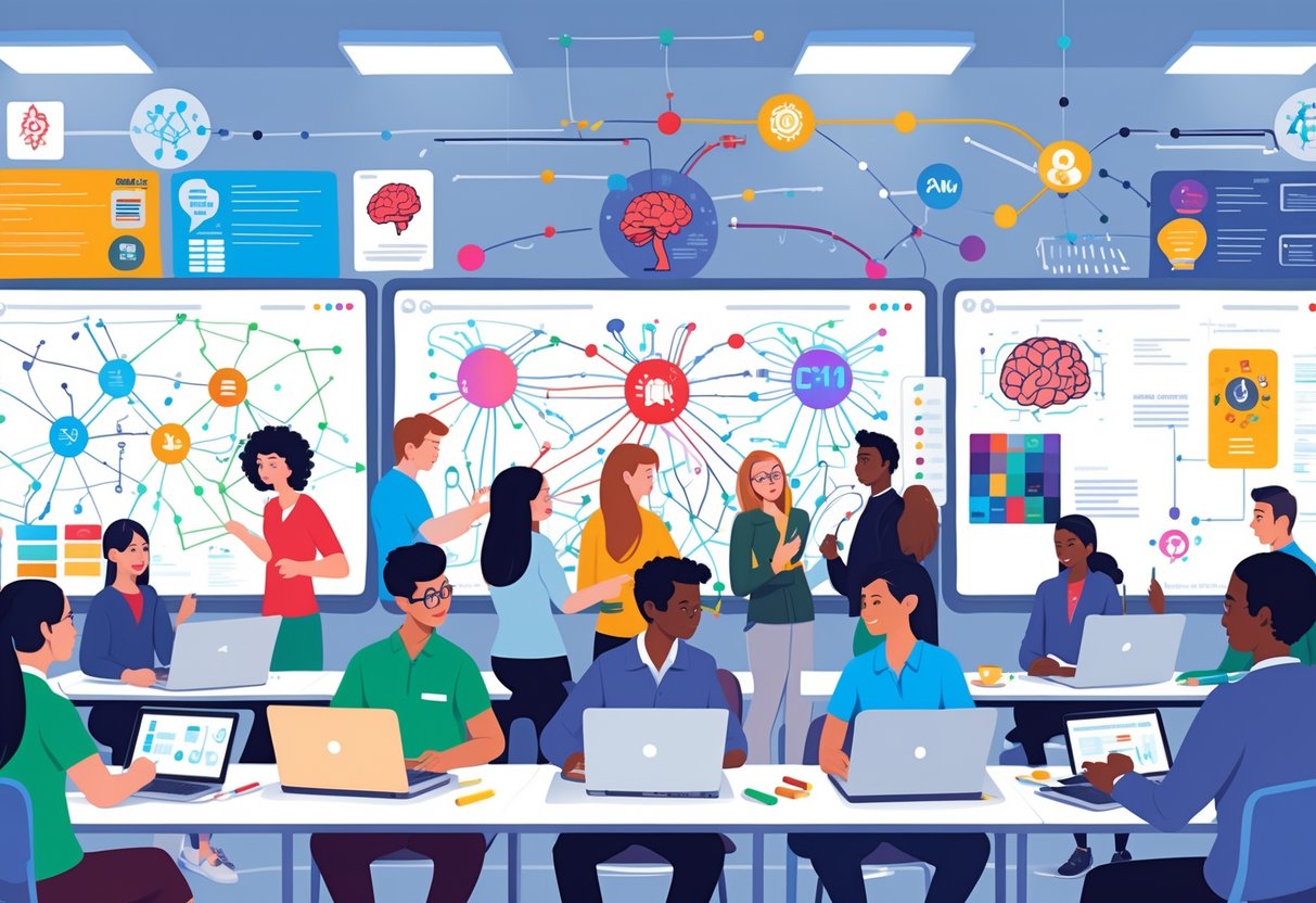 AI Literacy Curriculum: Foundations, Approaches & Best Practices literacy curriculum LearningMole A group of teachers and students working together in a classroom with digital displays showing AI concepts and interactive learning tools.