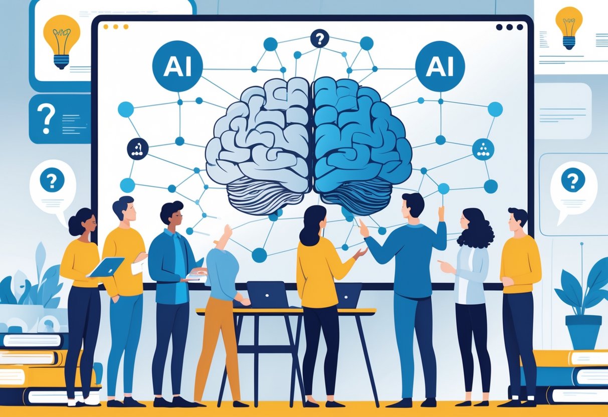 AI Literacy Curriculum: Foundations, Approaches & Best Practices literacy curriculum LearningMole A group of diverse people in a modern classroom looking at a large digital screen showing an abstract AI brain and connected nodes while discussing and learning together.