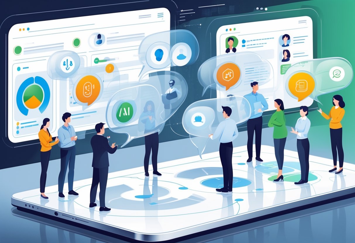 A digital workspace with people interacting around large transparent screens showing chat bubbles and data visuals representing AI discussion tools.