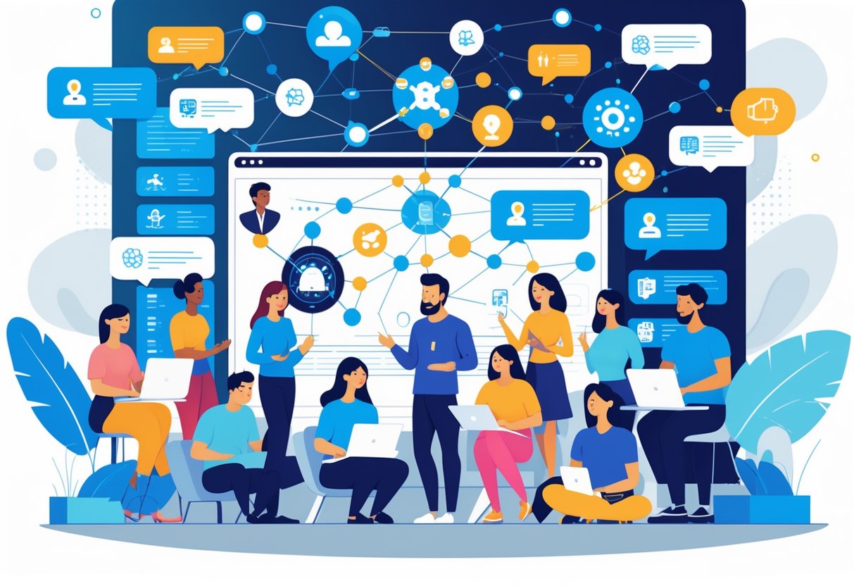 A group of diverse people engaging in discussions around a large digital interface showing interconnected AI concepts and technology symbols.