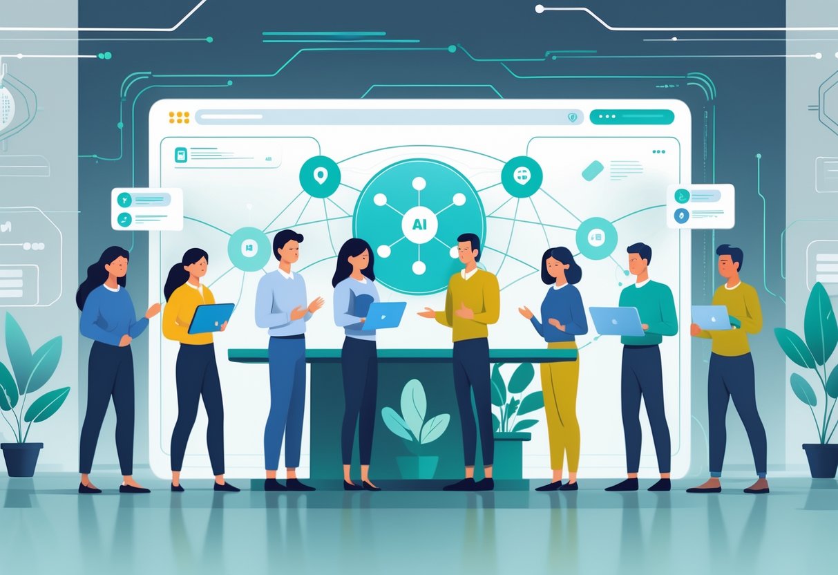 A group of diverse people collaborating around a large digital screen displaying AI discussion tools in a modern workspace.