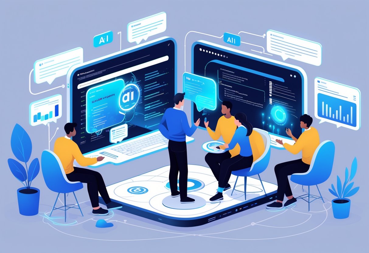 People collaborating around floating holographic screens showing AI data and discussion threads in a modern virtual workspace.