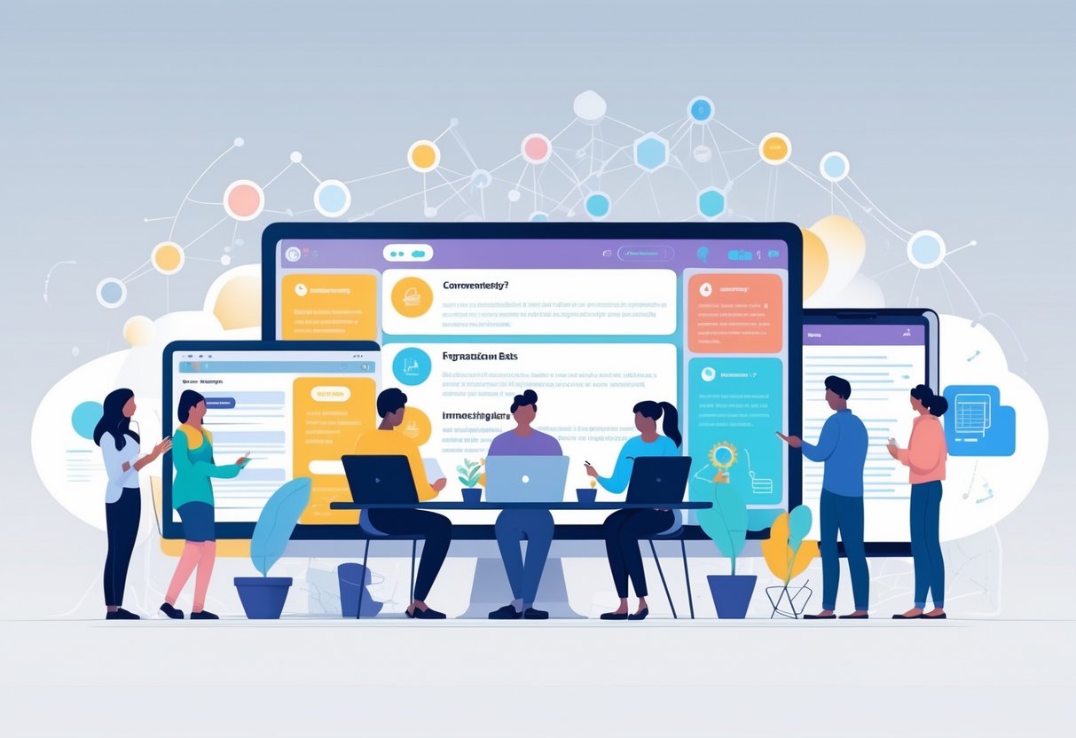 People using various devices to participate in different online forum sections designed for diverse audiences, with abstract AI elements in the background.