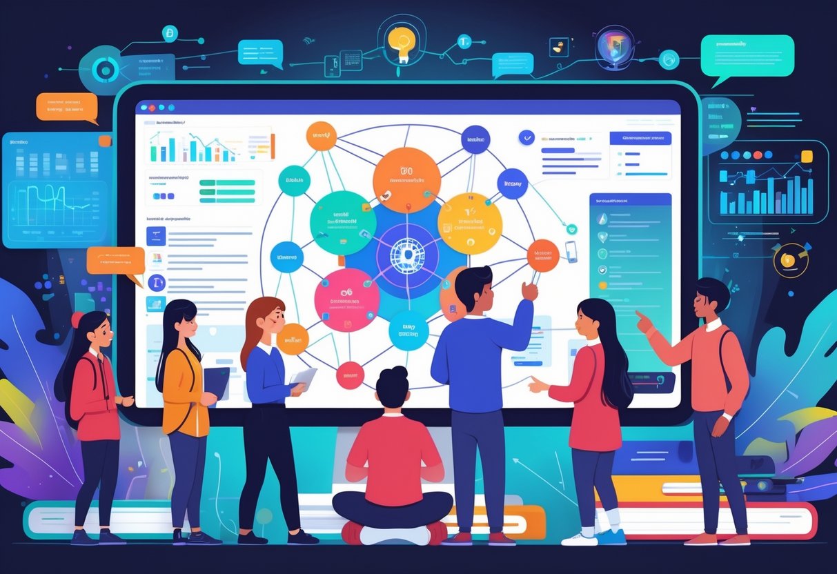 AI Skills Mapping Education: Strategies, Tools, and Impact LearningMole Students and a mentor interacting with a digital screen showing interconnected AI skills in a modern classroom.
