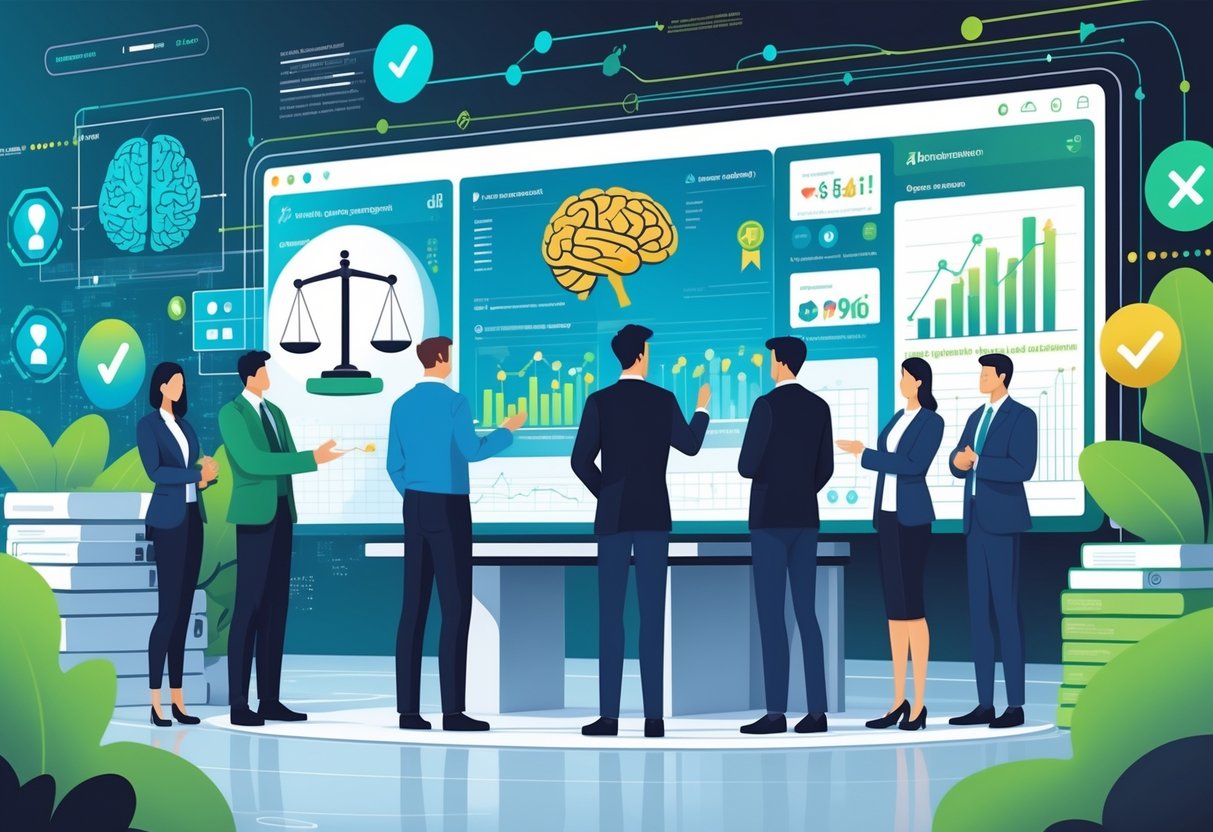 AI Competency Tracking: Effective Strategies and Real-World Impact AI competency tracking LearningMole A group of professionals analysing a digital dashboard with charts and symbols representing AI skills, ethics, and governance in a modern office setting.