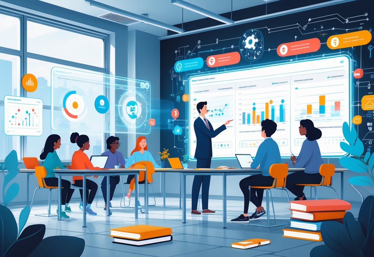 AI Competency Tracking: Effective Strategies and Real-World Impact AI competency tracking LearningMole A classroom where a teacher and students interact with floating digital screens showing student progress and AI data.
