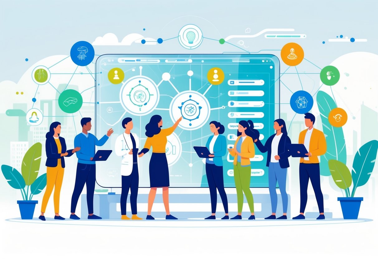 AI Competency Tracking: Effective Strategies and Real-World Impact AI competency tracking LearningMole A diverse group of people interacting with a large digital screen showing skill and AI data icons, set against a cityscape with smart technology connections.