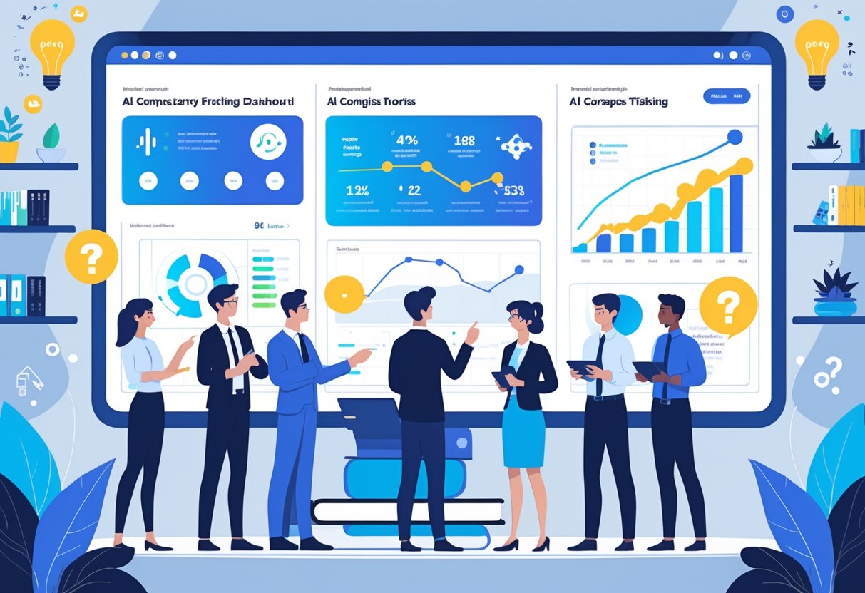 AI Competency Tracking: Effective Strategies and Real-World Impact AI competency tracking LearningMole A group of professionals in an office analysing a large digital dashboard showing AI skills progress and data visualisations.