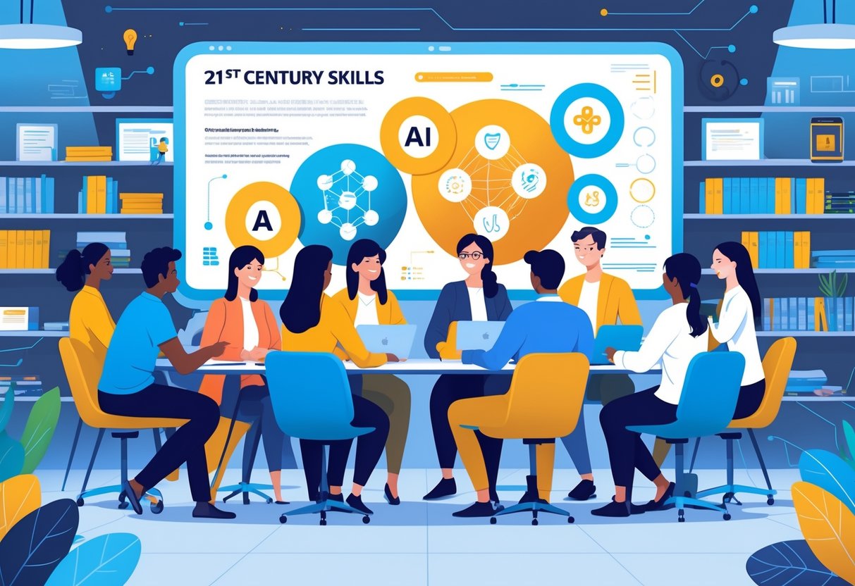 AI 21st Century Skills: Essential Abilities for the Modern Era AI 21st Century Skills LearningMole A group of people working together around a digital screen in a modern office setting, surrounded by books and technology.