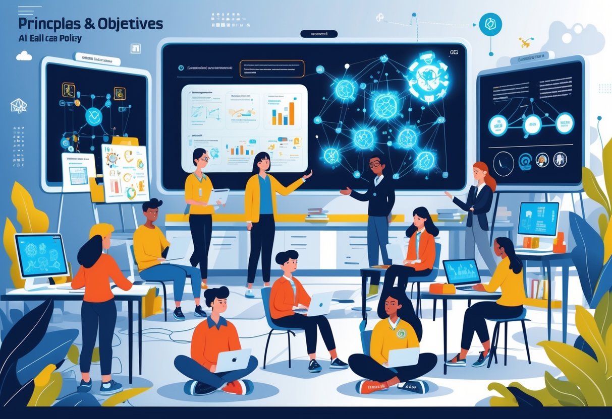 AI Education Policy: Frameworks, Implementation & Future Directions education policy LearningMole A classroom where students and a teacher engage with technology and AI concepts, including laptops, digital displays, and a holographic projection about ethical AI use.