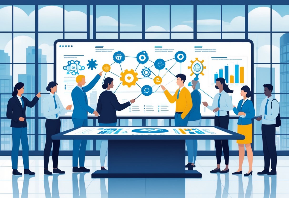AI Education Policy: Frameworks, Implementation & Future Directions education policy LearningMole A group of educators and policymakers working together around a digital table displaying AI and education-related icons in a modern conference room.