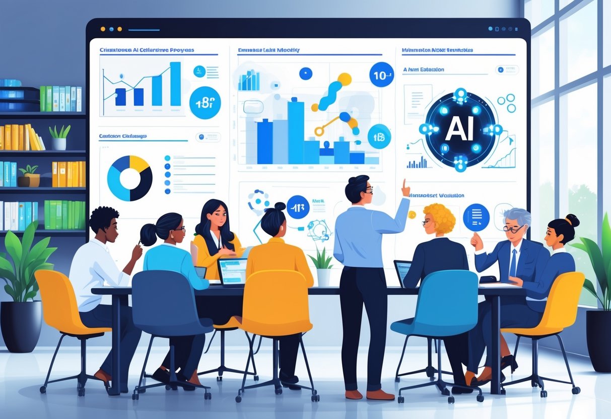AI Education Policy: Frameworks, Implementation & Future Directions education policy LearningMole A group of diverse educators and policymakers in a conference room discussing AI education policy with charts and AI icons displayed on a large digital screen.