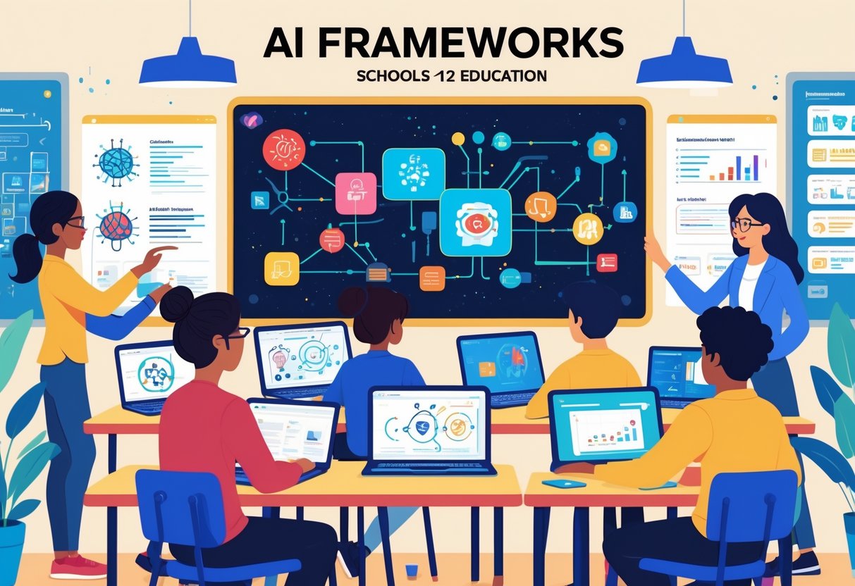AI Education Frameworks: Foundations, Integration, and Best Practice AI Education LearningMole A classroom with students and a teacher interacting with digital devices showing AI concepts and diagrams.