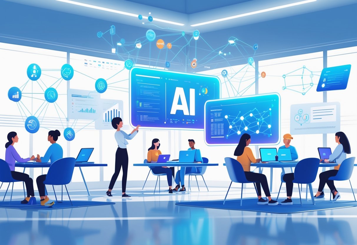 AI Education Frameworks: Foundations, Integration, and Best Practice AI Education LearningMole A group of people learning with futuristic holographic screens showing AI concepts and digital nodes in a modern classroom filled with advanced technology devices.