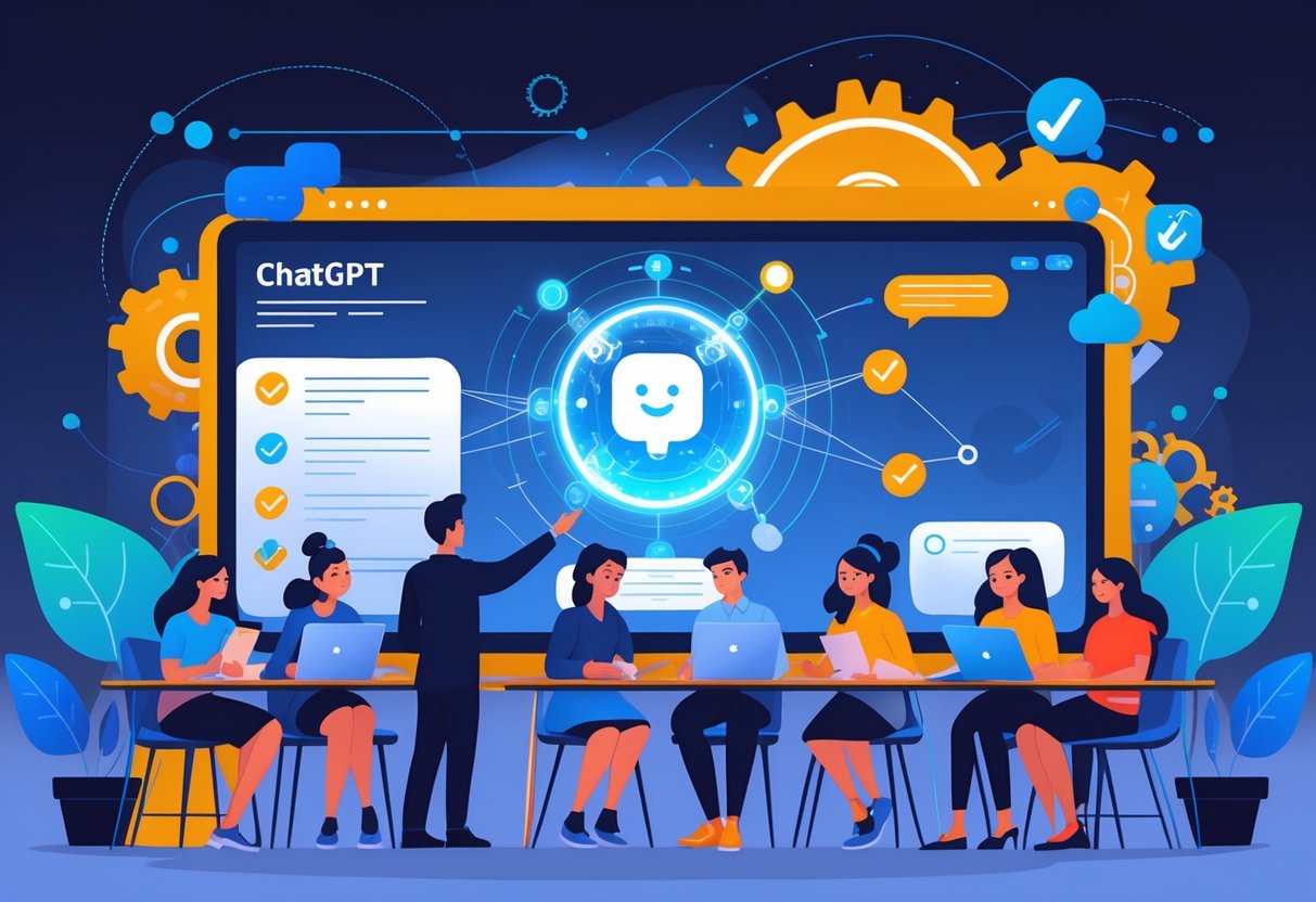 ChatGPT in Education: Applications, Challenges, and Best Practices chatgpt LearningMole A teacher and students in a classroom interacting with a large digital screen showing an AI chatbot interface, surrounded by educational and technological symbols.