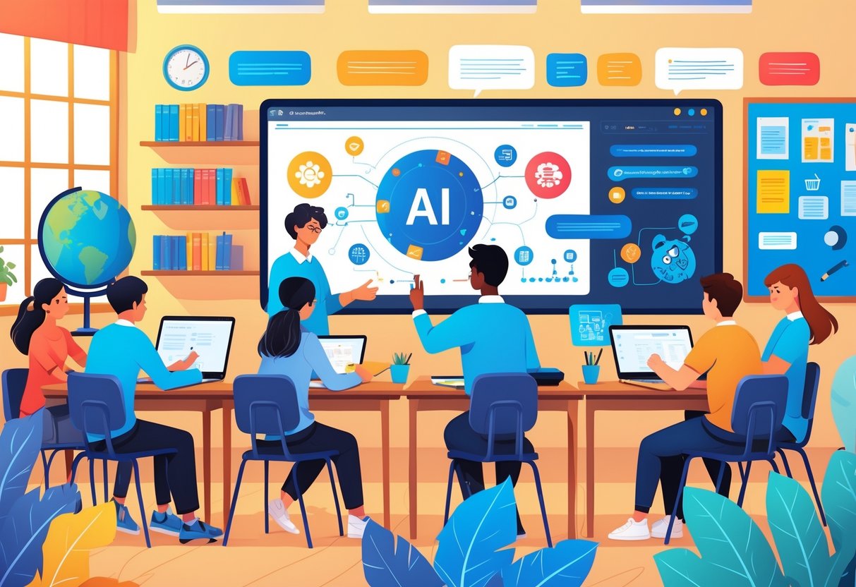 ChatGPT in Education: Applications, Challenges, and Best Practices chatgpt LearningMole A classroom with a teacher and students using digital devices and a large screen showing AI concepts, working together in a learning environment.