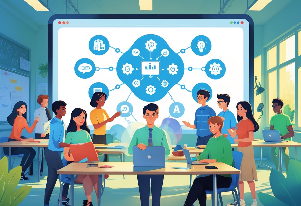 Bard for Education: Innovative Approaches for Educators and Learners Bard LearningMole A group of students and teachers collaborating around a digital display with educational icons in a modern classroom.