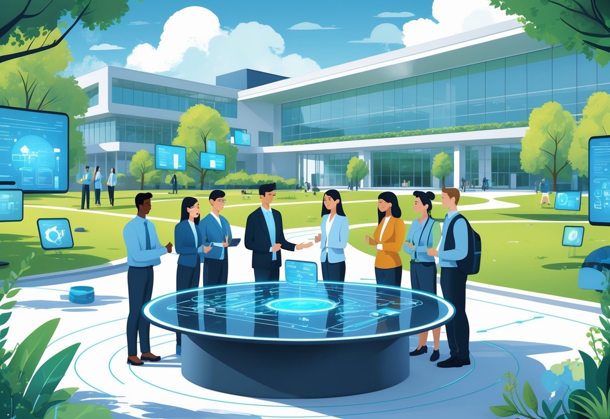 Claude for Teachers: Maximising AI for Education Success LearningMole A group of teachers and university representatives discussing around a digital table with a modern university building in the background.