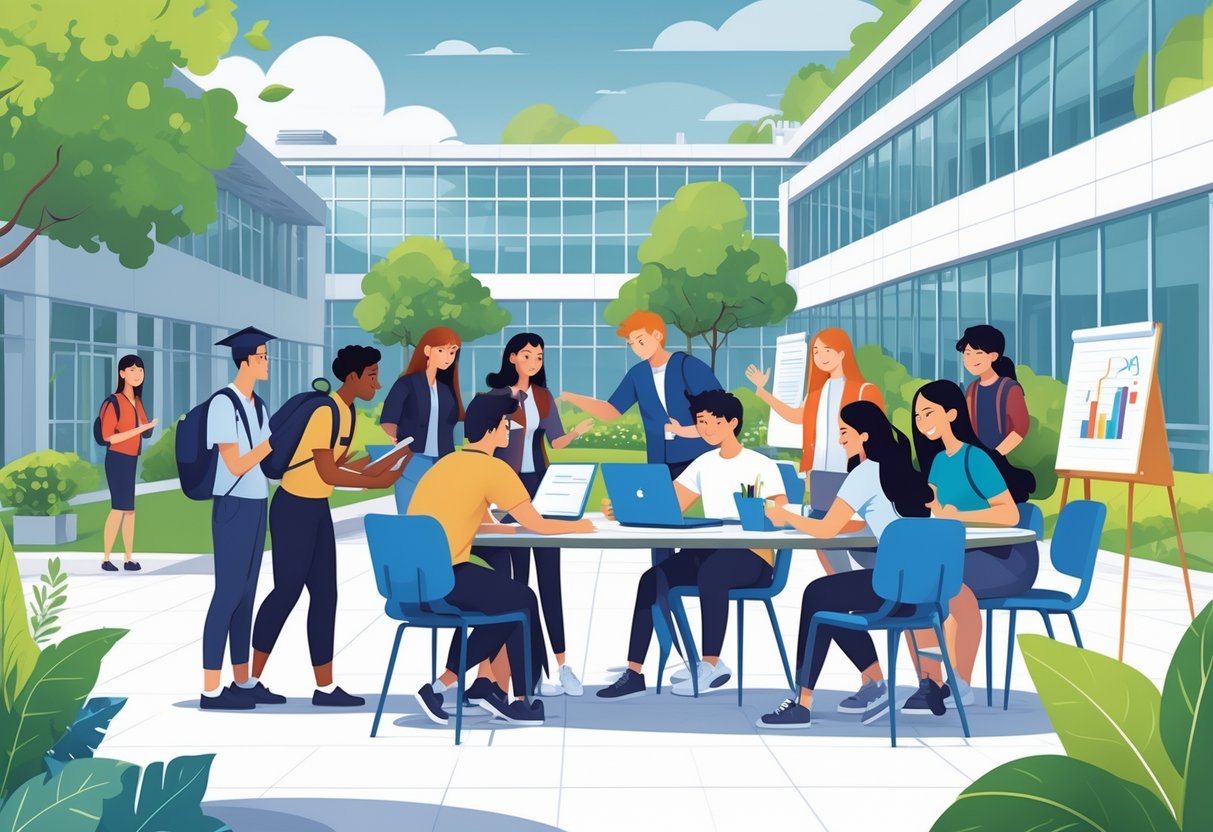 Bard for Education: Innovative Approaches for Educators and Learners Bard LearningMole A group of diverse students studying and discussing together on a college campus with modern buildings and green spaces.