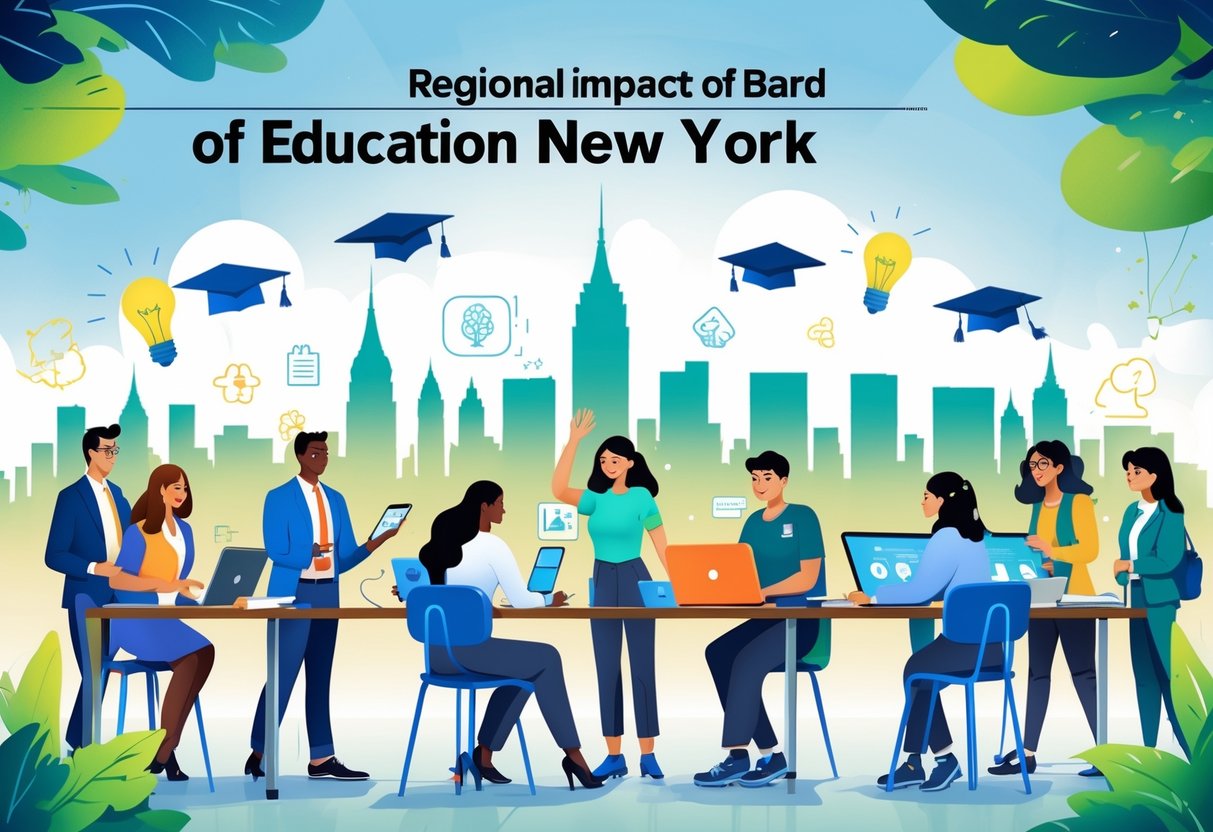 Bard for Education: Innovative Approaches for Educators and Learners Bard LearningMole A group of students and teachers using digital devices in a classroom with the New York City skyline in the background, surrounded by educational symbols.