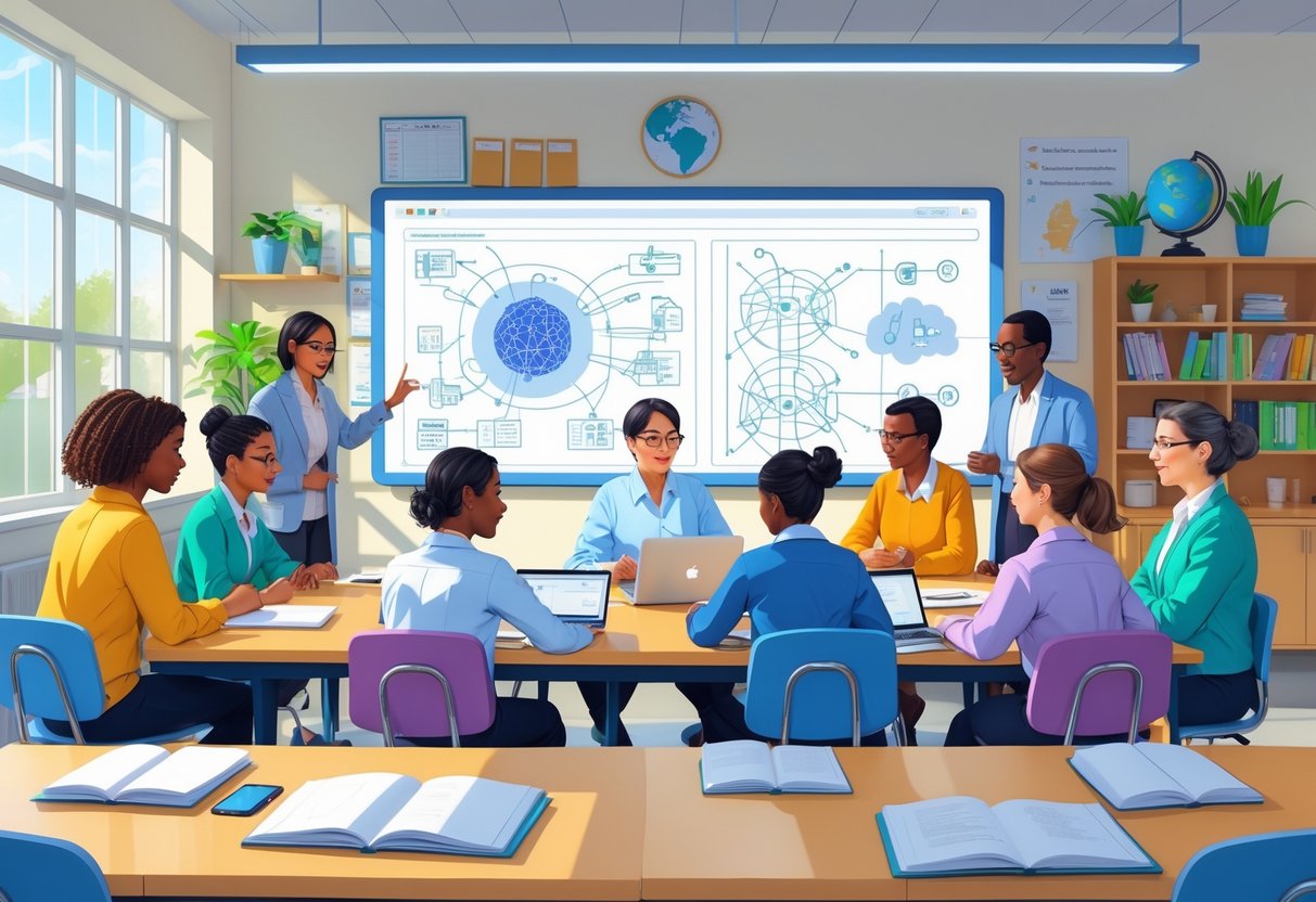 Prompt Engineering for Teachers: Enhance Lessons With AI Tools prompt engineering LearningMole A group of teachers in a British classroom working together around a table with laptops and an interactive whiteboard showing AI graphics.