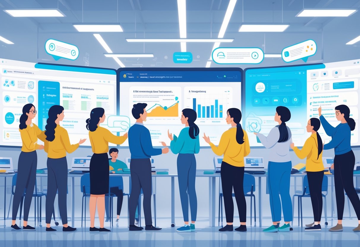 Prompt Engineering for Teachers: Enhance Lessons With AI Tools prompt engineering LearningMole A group of teachers in a modern classroom using advanced digital tools and holographic displays to collaborate on educational content.