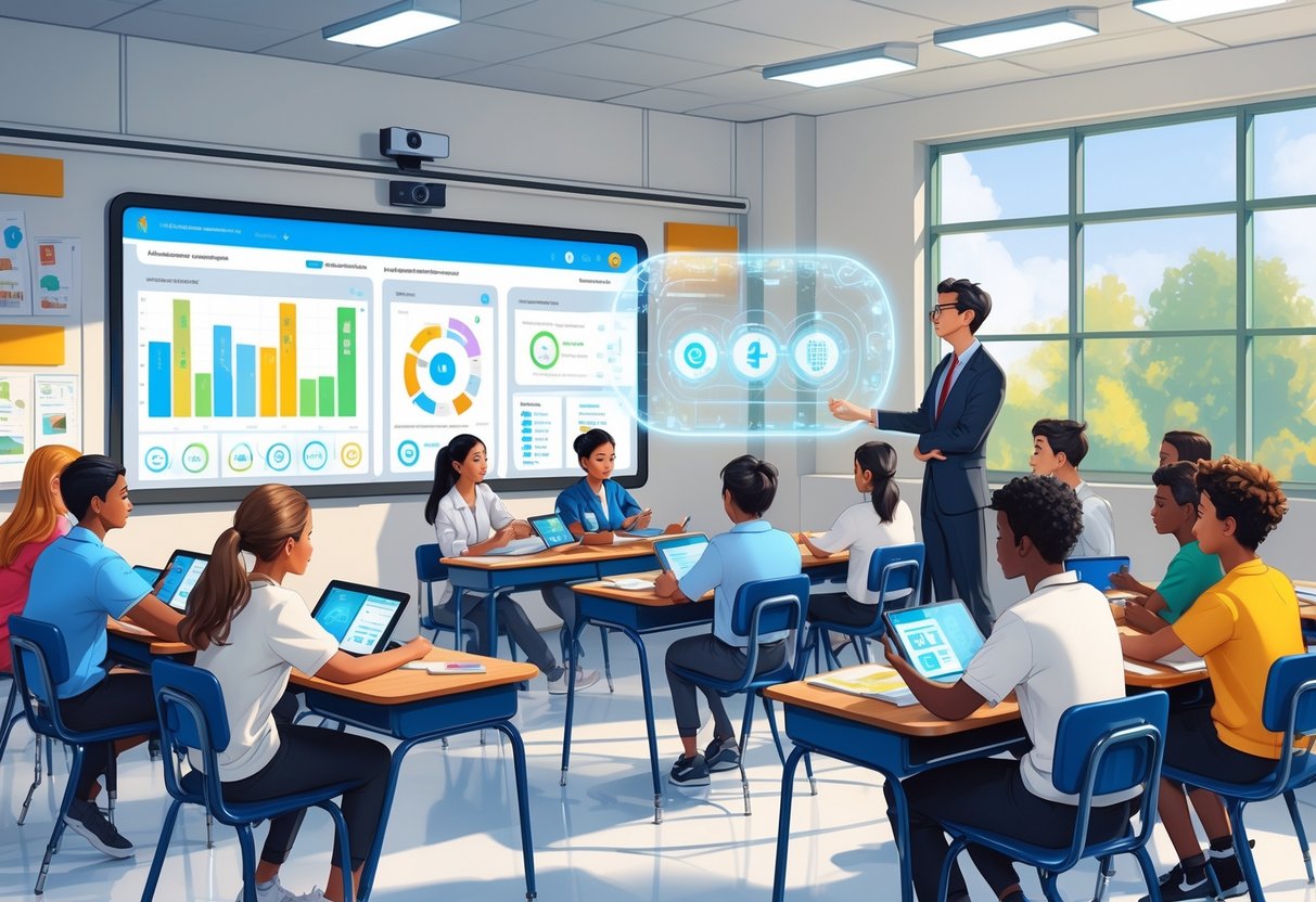 AI Education Prompts: Tools, Strategies, and Best Uses for Educators AI Education Prompts LearningMole A teacher managing a classroom with students using digital devices and a holographic AI interface displaying classroom management tools.