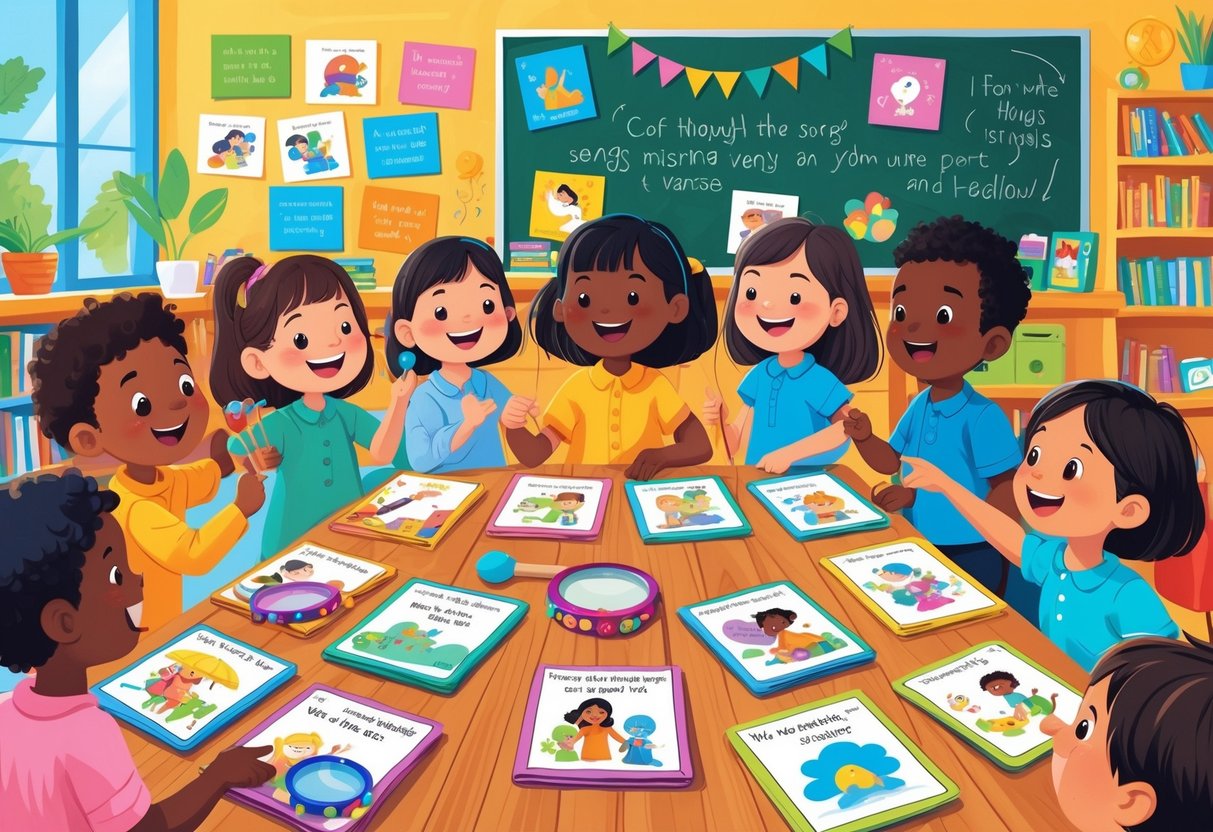 EFL Teaching Resources: Essential Tools for Effective Language Lessons EFL Teaching LearningMole A teacher and diverse children gathered around a table in a classroom using storybooks, song cards, and musical instruments during an English lesson.